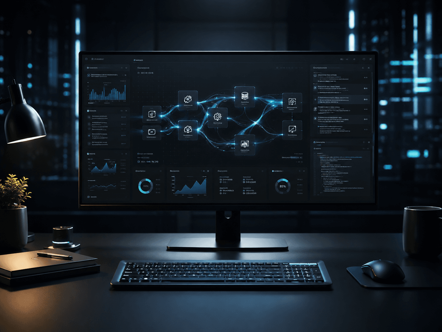 Estación de trabajo con un dashboard de automatización mostrando nodos conectados y flujos de datos en azul petróleo.